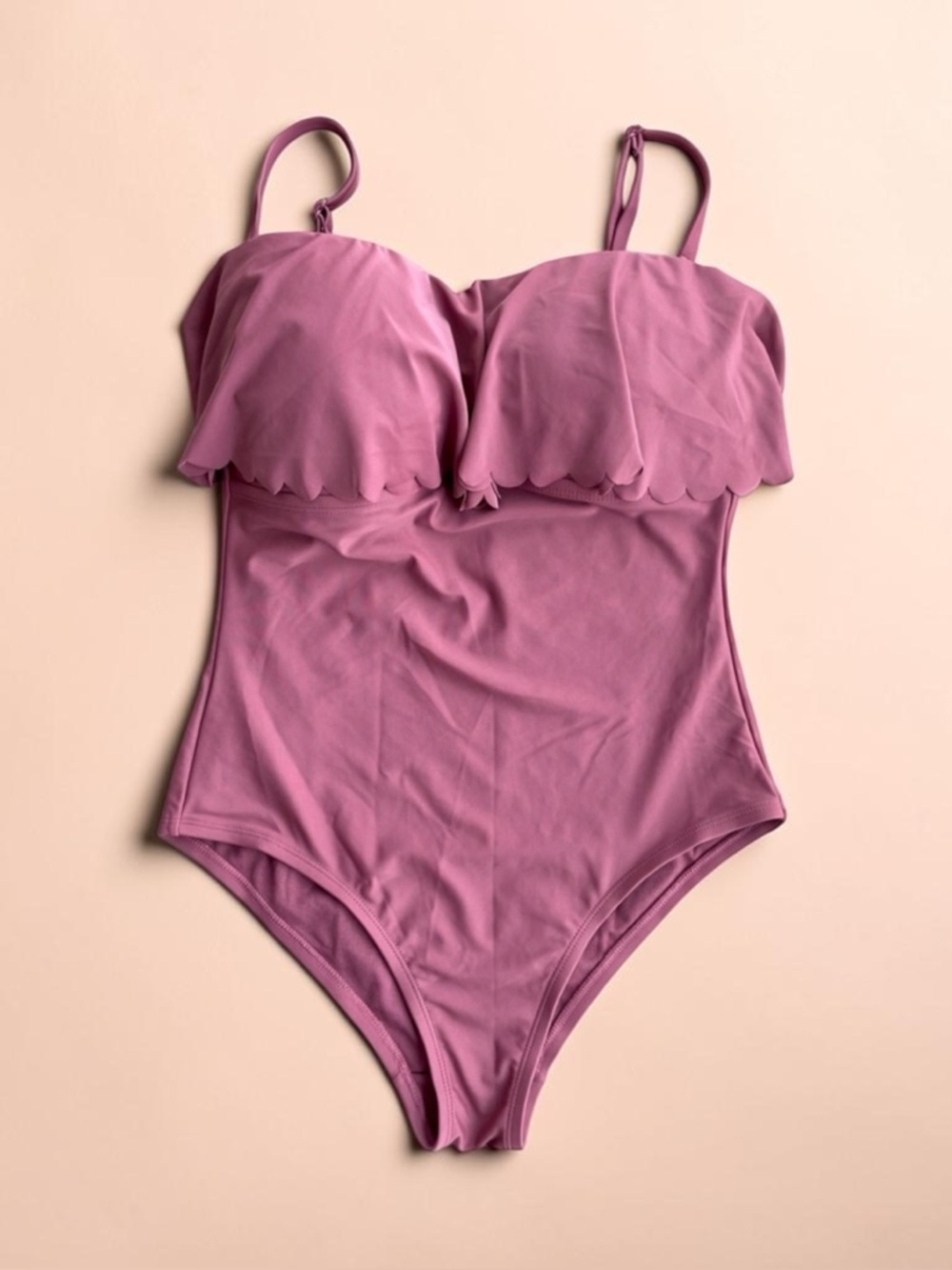 NWT Kona Sol Large Scalloped Flounce One-Piece Swimsuit - Mauve / Mulberry Pink